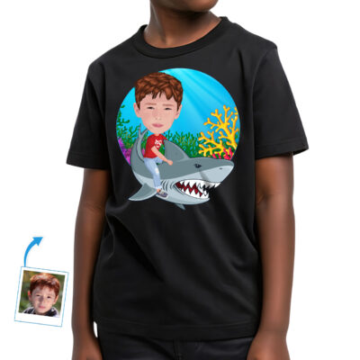 Custom Shark Rider T-Shirt – Personalized Photo Tee for Kids Boy's T-shirts www.customywear.com