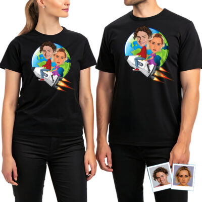 Embark on a Custom Rocket Ride – Personalized Couples’ Adventure to an Alien Planet T-shirts for Couple www.customywear.com