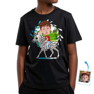 Tricou personalizat pentru tineret Zebra Rider | Tricou foto personalizat pentru iubitorii de aventură Tricouri pentru băieți www.customywear.com