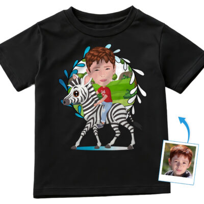 Personalized Youth Zebra Rider T-Shirt | Custom Photo Tee for Adventure Lovers Boy's T-shirts www.customywear.com 2