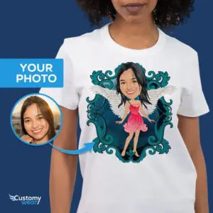 Προσαρμοσμένη αγγελική γυναίκα με φτερά πουκάμισο | Εξατομικευμένα μπλουζάκια Fantasy Tee για ενήλικες www.customywear.com