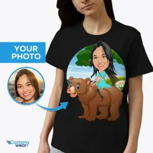 Benutzerdefiniertes Bärenreiten-Damenhemd – personalisiertes Teddybär-T-Shirt für Erwachsene www.customywear.com