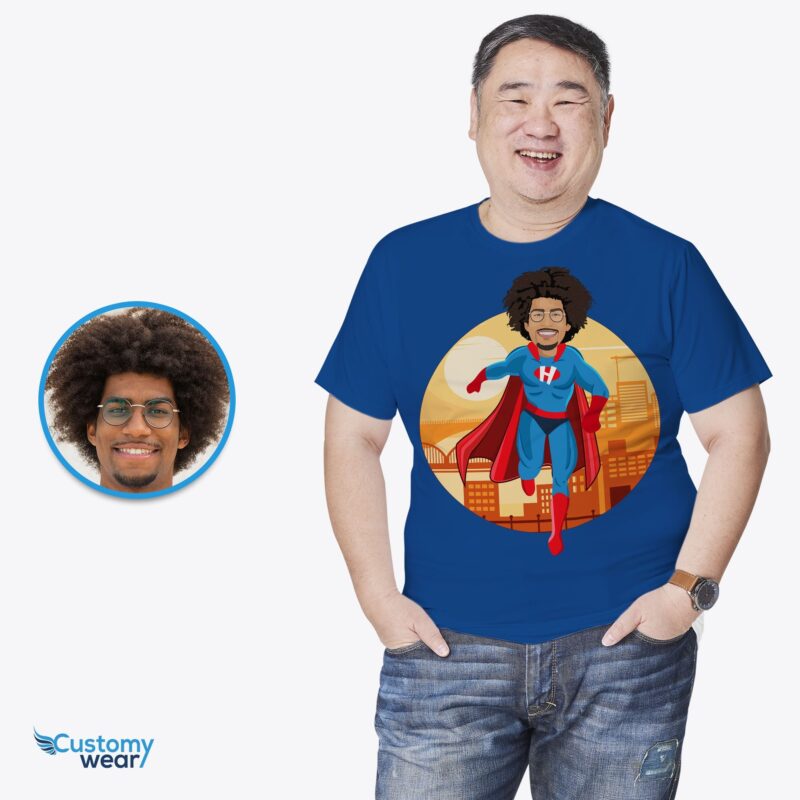 Skræddersyet blå superhelte-t-shirt til mænd - Personlig Superdad-t-shirt-skræddersyet tøj-voksenskjorter