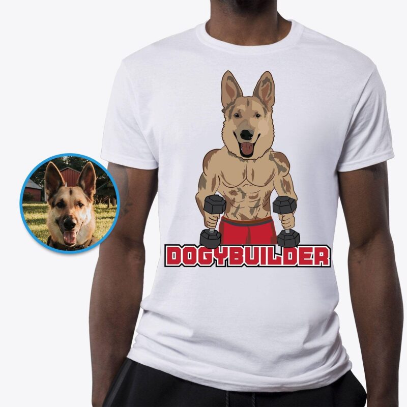 Bodybuilder dog with dumbbell tee CustomyWear adult, Adult-google, adult2, best dog dad ever, custom_dog_shirt, custom_tshirt, dad dog t shirts, d