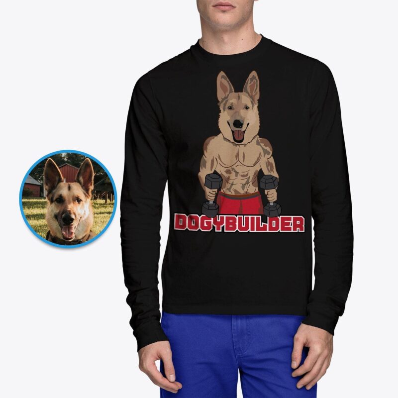 Bodybuilder dog with dumbbell tee CustomyWear adult, Adult-google, adult2, best dog dad ever, custom_dog_shirt, custom_tshirt, dad dog t shirts, d