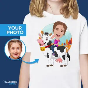 Räätälöity Cow Riding Girl -paita | Henkilökohtaiset Cowgirl Kids T-eläinten ystävät www.customywear.com