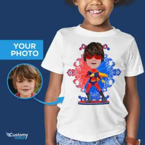 वैयक्तिकृत सुपरहीरो कस्टम टी-शर्ट - अपनी तस्वीर को सुपरबॉय टी एक्स्ट्रा में बदलें - सभी वेक्टर शर्ट - पुरुष www.customywear.com