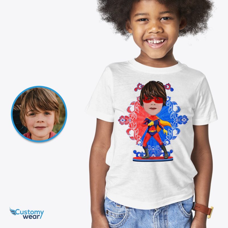 Personlig tilpasset superhelt-t-skjorte - Gjør bildet ditt til en supergutt-T-skjorte-tilpasset-gutter