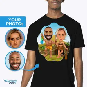 Camicia personalizzata per coppie di uomini delle caverne: trasforma la tua foto in magliette per adulti abbinate a magliette primitive www.customywear.com