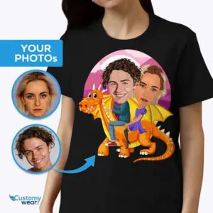 Μεταμορφώστε τη φωτογραφία σας σε ένα προσαρμοσμένο πουκάμισο για ζευγάρια με Dragon Ride – Εξατομικευμένες στολές Fairy Μπλουζάκια για ενήλικες www.customywear.com