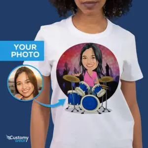 Camiseta personalizada com foto do baterista – Camisetas adultas personalizadas para presente musical www.customywear.com