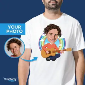 Niestandardowa koszulka z portretem gitarzysty – przekształć swoje zdjęcie w spersonalizowaną koszulkę muzyczną Koszulki dla dorosłych www.customywear.com
