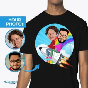 Embark on Fun Together – Personalized Rocket Couple Shirt – A Playful Rainbow Tee Axtra - ALL vector shirts - male www.customywear.com