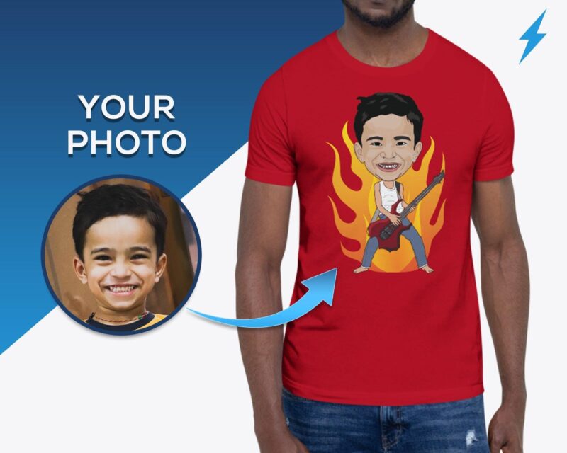 Custom tshirt design men photo portrait art | boy with electric guitar personalized music tee shirt for man designer customywear CustomyWear bass guitar t shirts, bass player t shirt, birthday gifts for guitar players, check guitar center gi