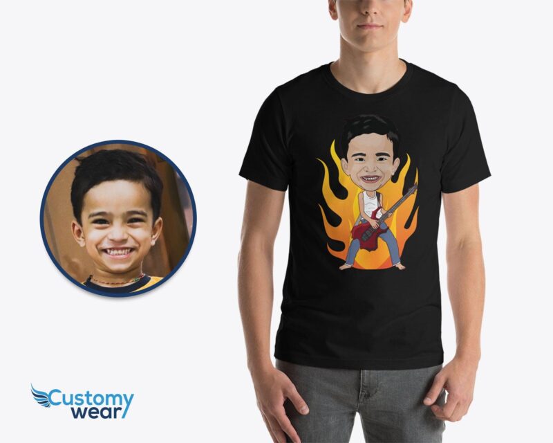 Custom tshirt design men photo portrait art | boy with electric guitar personalized music tee shirt for man designer customywear CustomyWear bass guitar t shirts, bass player t shirt, birthday gifts for guitar players, check guitar center gi