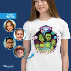 Personlig Youth Alien Family T-skjorte | Tilpasset romskip-t-skjorte for jenter Alien-skjorter www.customywear.com