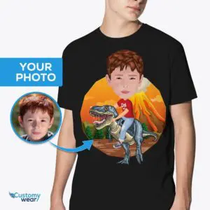 Custom Dinosaur Rider Tee | Transform Your Photo into Personalized Birthday T-Shirt Animal Lovers www.customywear.com