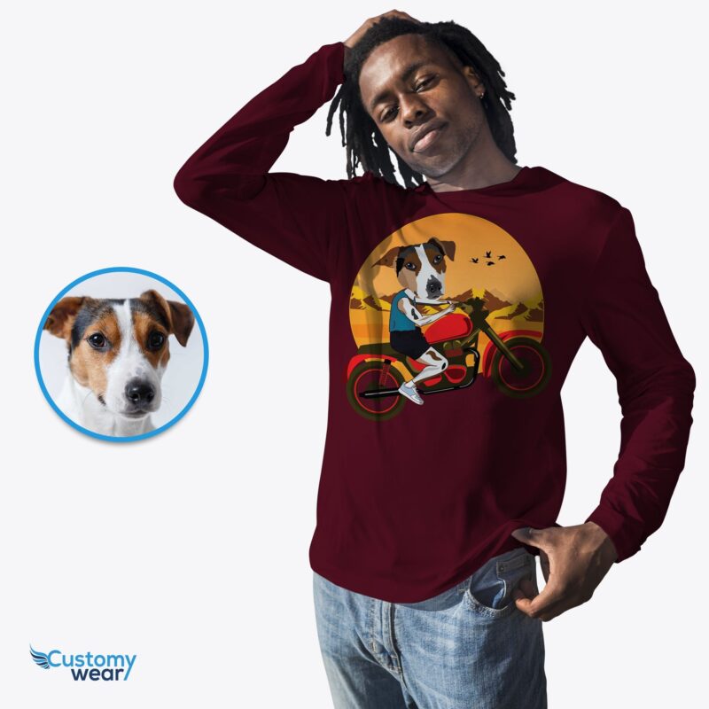 Dog riding motorbike shirt | Custom shirt with pet portrait art CustomyWear adult, Adult-google, adult2, best dog dad ever, custom_dog_shirt, custom_tshirt, dad dog t shirts, d