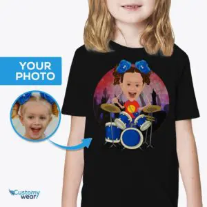 Prispôsobená dievčenská košeľa pre bubeníka – Detské tričká Rock n Roll pre bubeníkov na mieru www.customywear.com