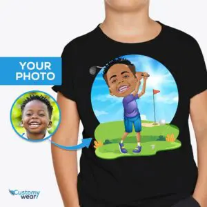 T-shirt personalizzata per bambini che praticano golf – T-shirt personalizzata per ragazzi per sport all'aria aperta www.customywear.com
