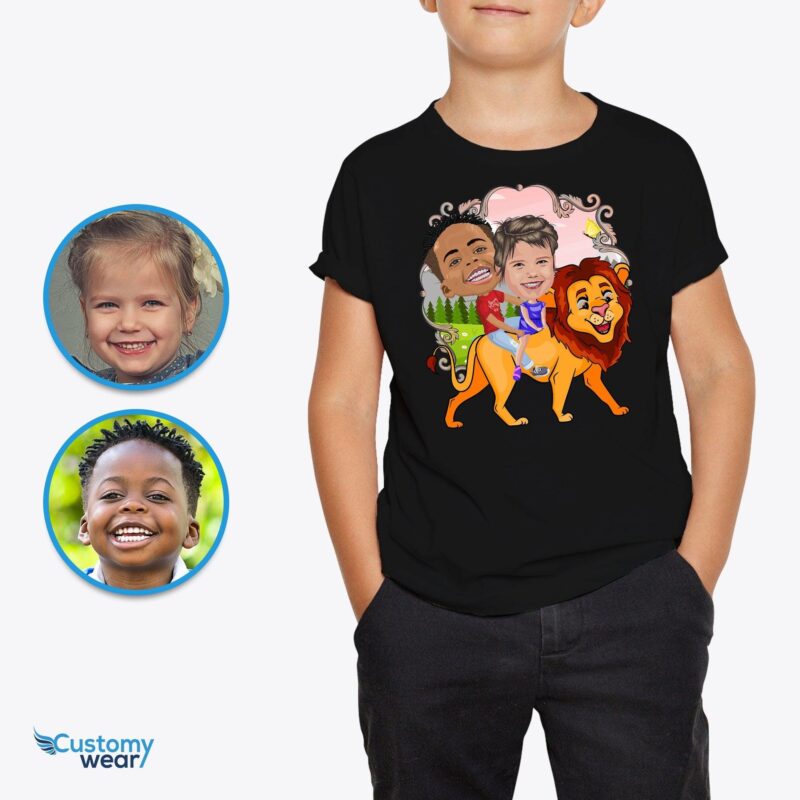 Lion riding siblings shirts CustomyWear animal_shirt, boy, Camping_shirt, couple-judge, kid, Kids, lion_king, sibling, Siblings_shirt, Youth