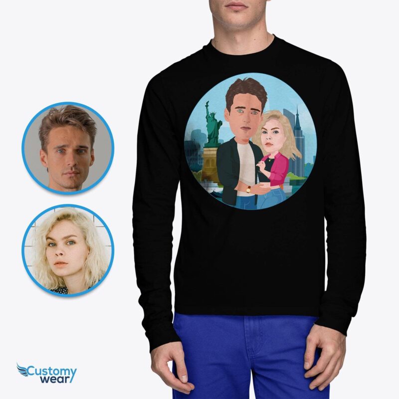 Personalized valentines day shirts, romantic couple in New York , USA gift for him, boyfriend, parents, father, brother, uncle CustomyWear adult2, caricature_tee, cartoon_couple_tee, couple_caricature, couple_in_USA_tee, couple_new_york_ci