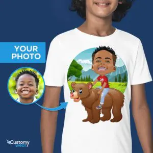 Изготовленная на заказ молодежная рубашка для верховой езды на медведе | Персонализированная забавная детская футболка «Любители животных» www.customywear.com