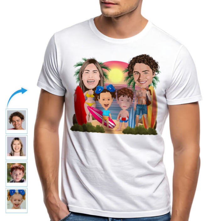Camisetas de surf familiares personalizadas com foto para memórias de férias.
