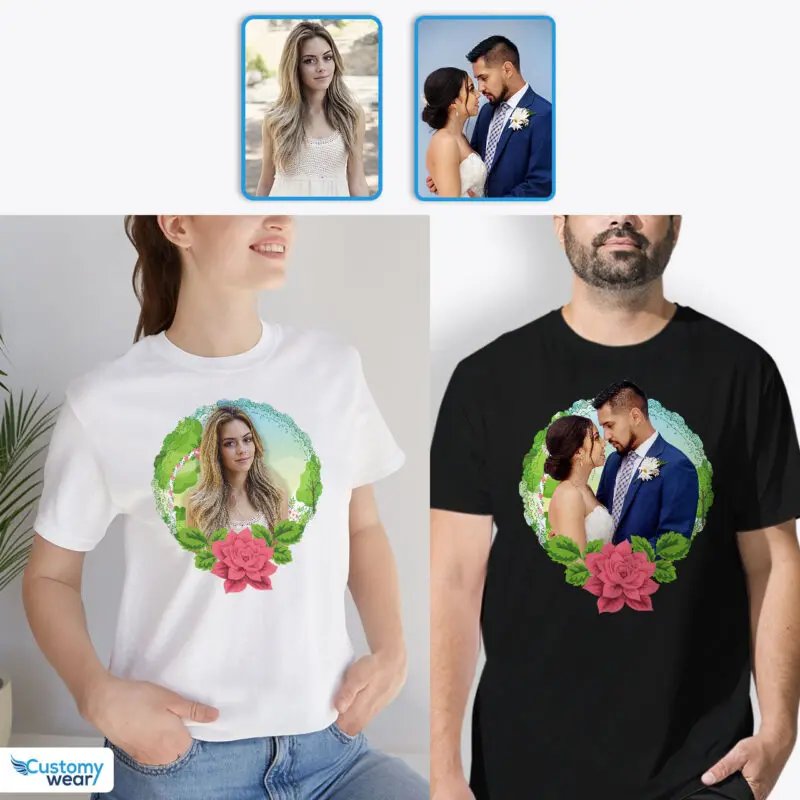 Custom Couples' Photo T-Shirt - Floral Relationship Anniversary Gift-Customywear-Custom arts - Floral Design
