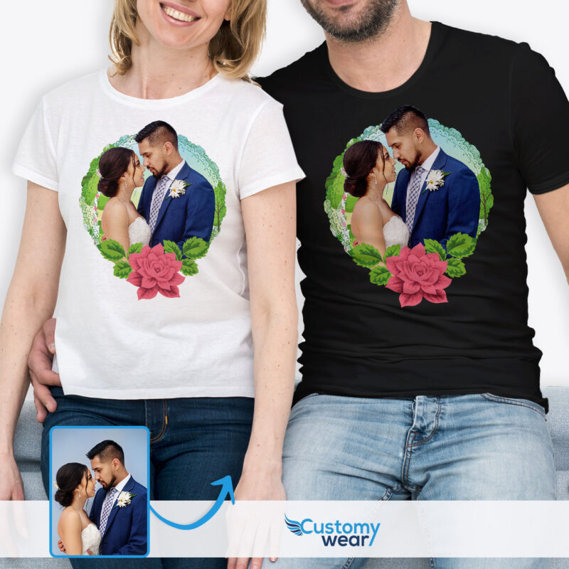 Custom Couples’ Photo T-Shirt – Floral Relationship Anniversary Gift Custom arts - Floral Design www.customywear.com