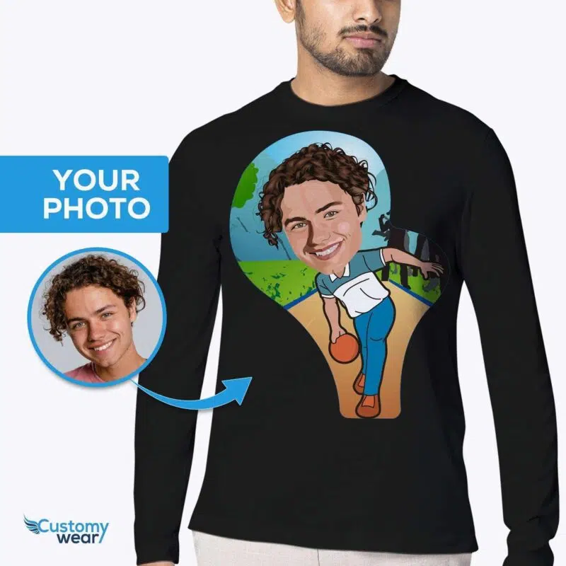 Transformeer je foto in een gepersonaliseerd bowlingspeler-T-shirt – gepersonaliseerd unisex-T-shirt Lange mouwen voor heren www.customywear.com 5