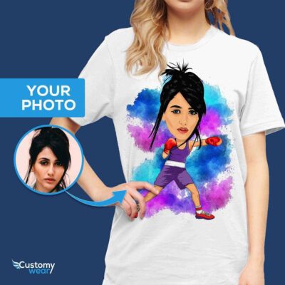 T-shirt personnalisé avec caricature de boxeur – Transformez votre photo en t-shirt de boxeur personnalisé. T-shirts pour femmes www.customywear.com