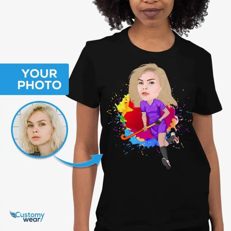 Camiseta personalizada com caricatura de jogador de hóquei – Crie sua camiseta de hóquei personalizada Camisetas para Mulheres www.customywear.com 5