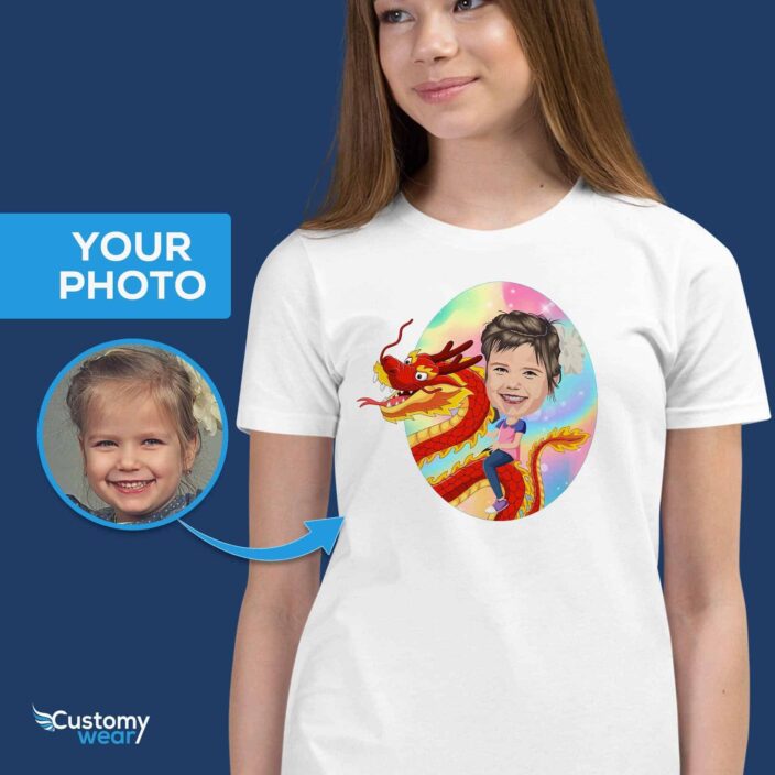 Personalisiertes Drachenreitshirt für Mädchen - Personalisiertes Drachen-T-Shirt für Jugendliche - Customywear - Mädchen