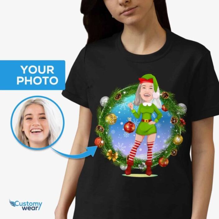 Aangepast vrouwelijk elfenkostuumshirt - gepersonaliseerd groen kerst-T-shirt - Customywear - T-shirts voor volwassenen