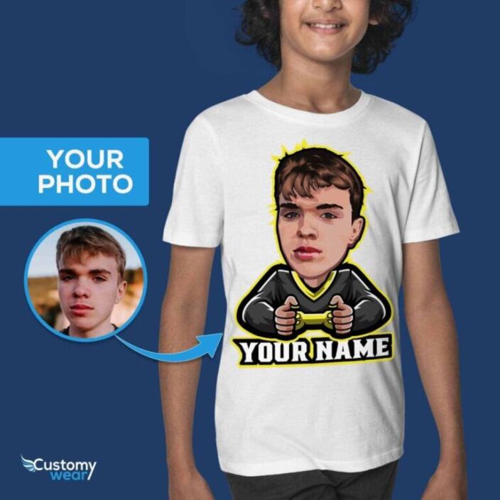 Personalisiertes Gamer-Portrait-T-Shirt – Individuelles Foto-T-Shirt-Design – Customywear – Jungen