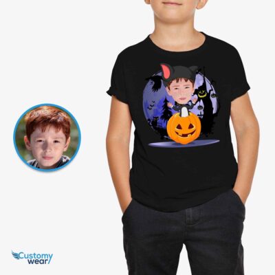 Custom Kitty Boy Pumpkin T-Shirt | Personalized Cat Costume Tee for Boys Boy's T-shirts www.customywear.com 2