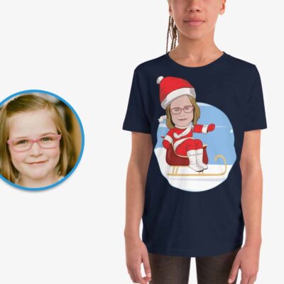 Personalized Merry Christmas Youth T-Shirt | Custom Santa Claus Snowboarding Tee Girl's T-shirts www.customywear.com 2