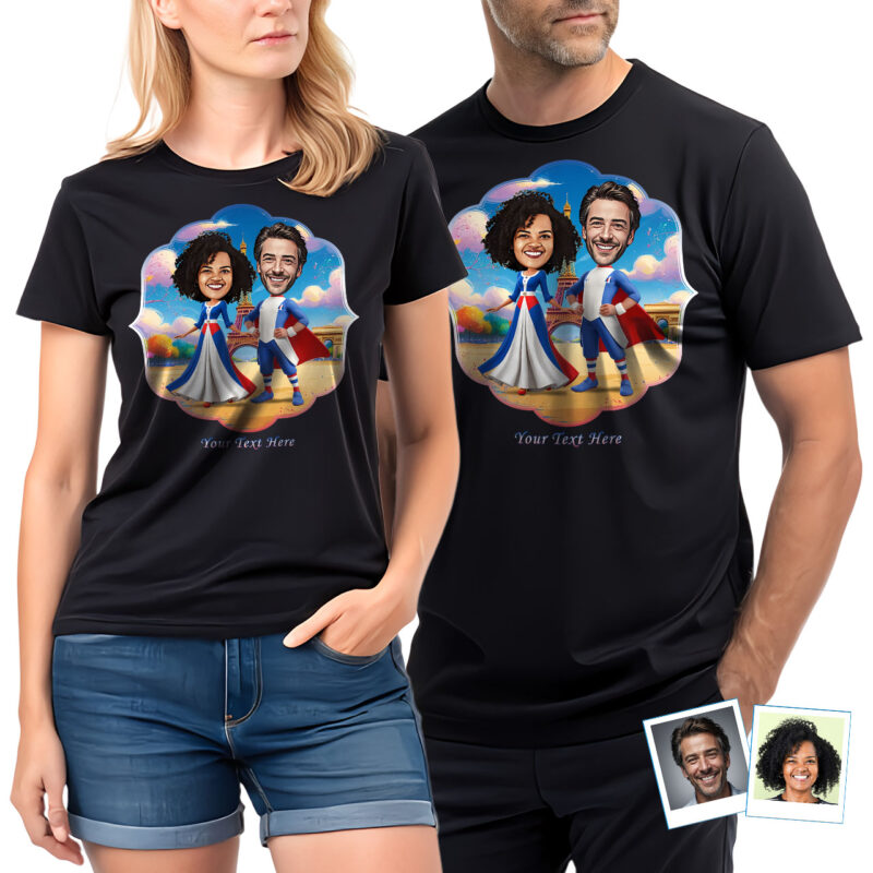 Individuelles Paar-T-Shirt mit französischem Thema – Personalisiertes Foto-Charakter-T-Shirt Paar Www.customywear.com 27