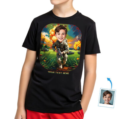 Boy’s Custom Military Uniform T-Shirt – Personalized Army Character Gift with Photo, Unique Hero-Themed Tee for Kids Boy's T-shirts www.customywear.com