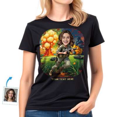 Personalized Army Character T-Shirt for Women – Custom Military Gift with Photo Illustration, Unique Battle Scene Design Tee Customywear www.customywear.com Personalized Army Character T-Shirt for Women – Custom Military Gift with Photo Illustration, Unique Battle Scene Design Tee T-shirts for Women www.customywear.com