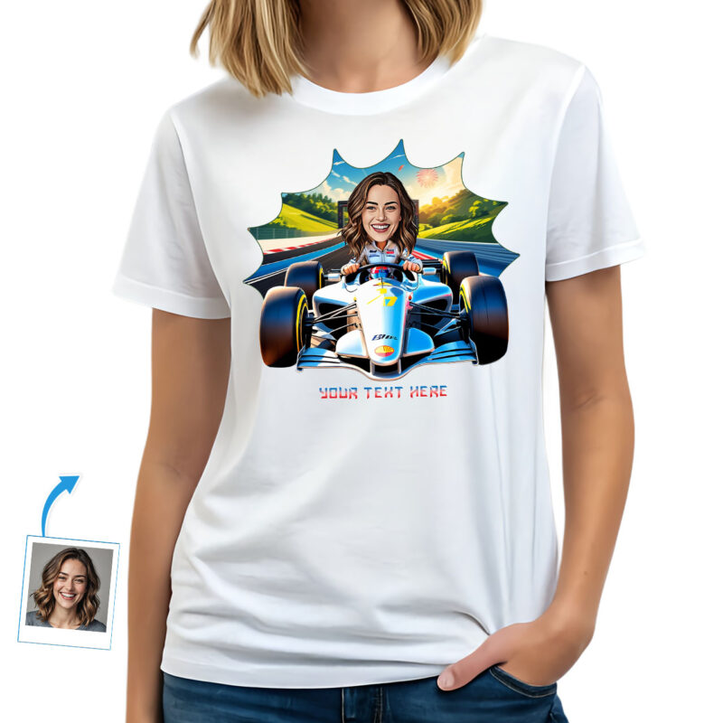 Camiseta feminina personalizada para piloto de corrida – presente fotográfico personalizado para fãs de corrida, amantes de carros e entusiastas de velocidade Presentes personalizados – Carro de corrida de Fórmula 1 www.customywear.com 27