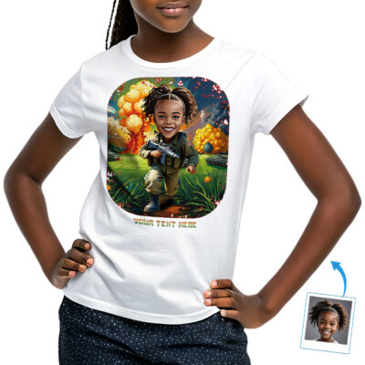 Custom Girl Army Cosplay T-Shirt for Kids – Personalized Military Photo Gift Tee, Unique Soldier Character Design for Girls Girl's T-shirts www.customywear.com