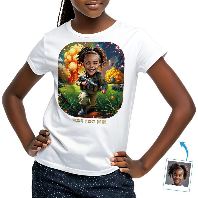 Custom Girl Army Cosplay T-Shirt for Kids – Personalized Military Photo Gift Tee, Unique Soldier Character Design for Girls Custom Gifts – Ai Army www.customywear.com 27