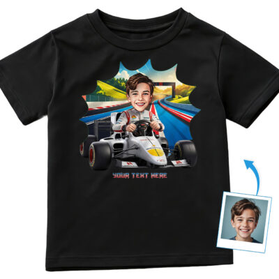 Custom Boy’s Racing T-Shirt – Personalized Turbo Driver Tee Gift for Kids | Add Your Child’s Photo to Race Car Scene Boy's T-shirts www.customywear.com 2