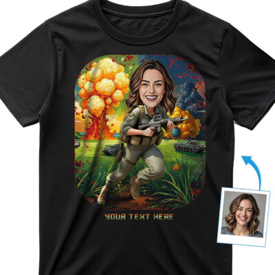 Personalized Army Character T-Shirt for Women – Custom Military Gift with Photo Illustration, Unique Battle Scene Design Tee T-shirts for Women www.customywear.com 2