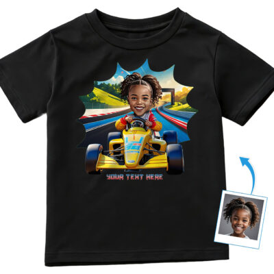 Girl’s Personalized Racing T-Shirt – Custom Speed Racer Tee for Kids with Photo | Unique Gift for Girls Who Love Cars & Speed Girl's T-shirts www.customywear.com 2