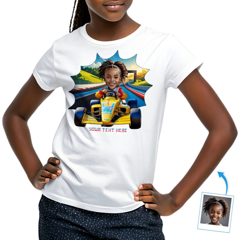 A9-G2-customywear-custom-Girls-young-girls-youth-personalized-photo-t-shirts-customy-wear Girl’s Personalized Racing T-Shirt – Custom Speed Racer Tee for Kids with Photo | Unique Gift for Girls Who Love Cars & Speed