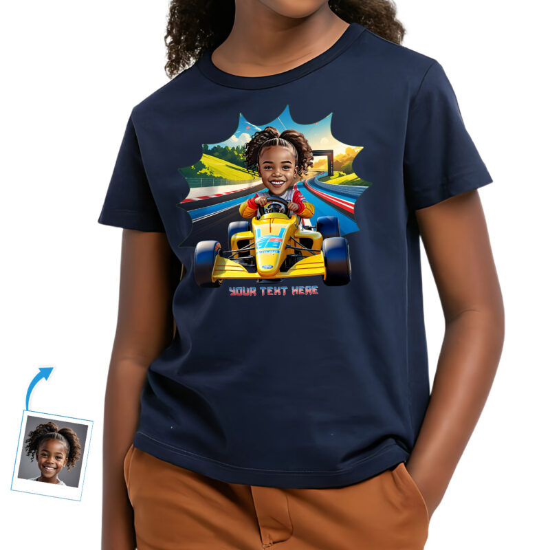 A9-G3-customywear-custom-Girls-young-girls-youth-personalized-photo-t-shirts-customy-wear Girl’s Personalized Racing T-Shirt – Custom Speed Racer Tee for Kids with Photo | Unique Gift for Girls Who Love Cars & Speed