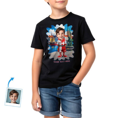 Boy’s Denmark Heritage Custom T‑Shirt – Personalized Photo Character in Danish Flag Dress | Kid’s Cultural Keepsake Gift Boy's T-shirts www.customywear.com